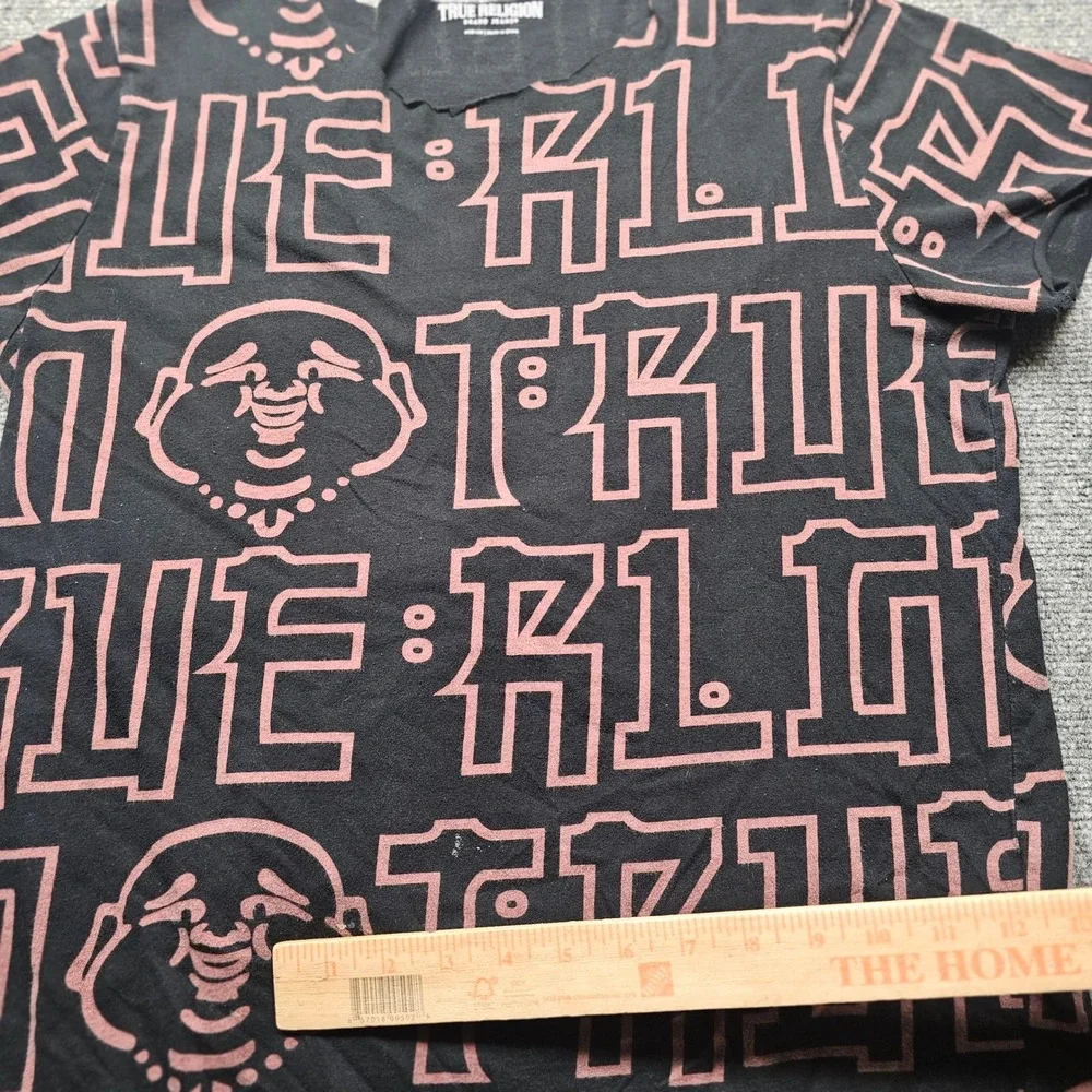 True Religion Buddha All Over Print Cut Off Raw Hem Tee Black Pink Medium